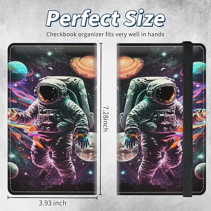 Checkbook Covers for Personal Checkbook Duplicate Checks RFID Blocking Checkbook Cover for Women Men with Elastic Strap Card Slots Pen Holder - Astronauts