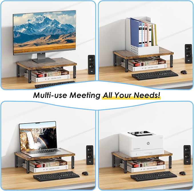 ECOLOVI Adjustable Wood Computer Monitor Stand Riser for Desk, Office Desk Organizer and Accessories for Monitor, Laptop, PC, Printer, Office Desk Accessories Workspace Organizer for Home Office Supplies, Brown 2-Pack