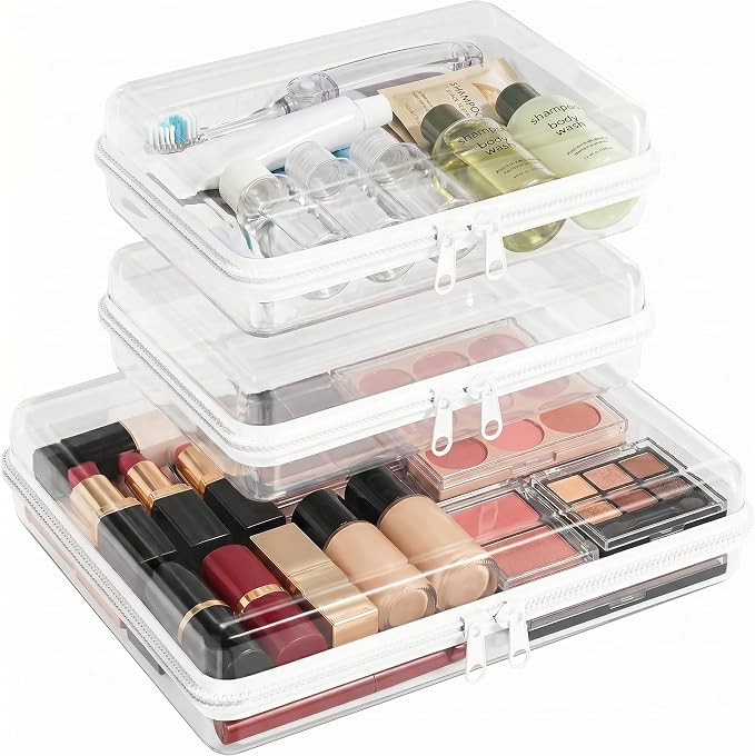 3Pcs Sturdy Clear Hard Shell Zipper Cases, Waterproof Travel Organizers SSL | Diaper bag, makeup, toiletry & toy storage; rigid PET protects from crush, water and dust, with assorted sizes for daily use.