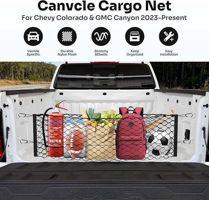 Canvcle Trunk Cargo Net for 2023-2025 2026 Chevy Colorado &GMC Canyon Accessories Envelope Style Mesh Trunk Net Organizer and Storage Stretchable Adjustable Elastic Nylon Rear Cargo Netting with Hooks
