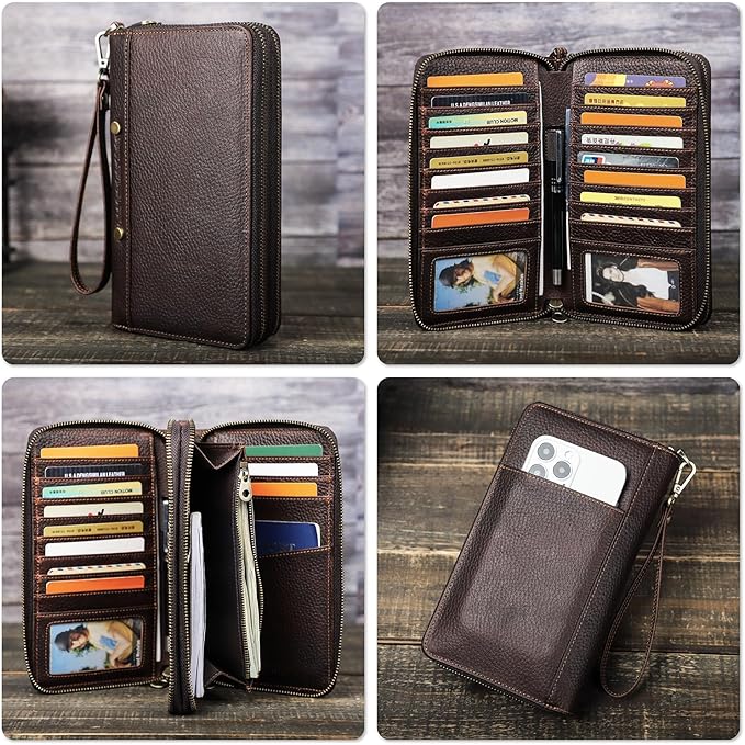 Top Grain Genuine Leather Clutch Wallet with Wristlet for Man & Woman, Handmade Vintage Design, Multi Pockets & Side Pocket & Slots, RFID Large Capacity for Cards/Checks/Money/Passport/Pen, Red Coffee