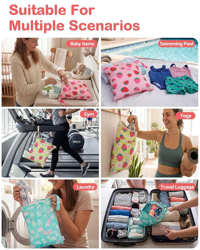 ALVA ALVABABY 3pcs Medium Cloth Diaper Wet Dry Bags Waterproof Reusable with Two Zippered Pockets Travel Beach Pool Daycare Soiled Baby Items Yoga Gym Bag for Swimsuits or Wet Clothes 3L-ZM43
