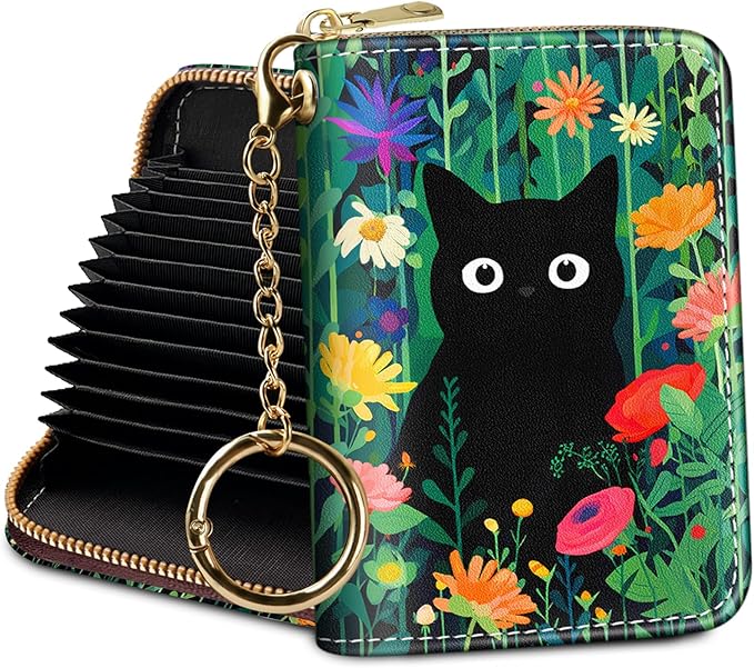 Credit Card Holder RFID Wallet, Small Card Holder Wallet for Women with Keychain Zipper, Funny Leather Print Credit Card Wallets Accordion Gift