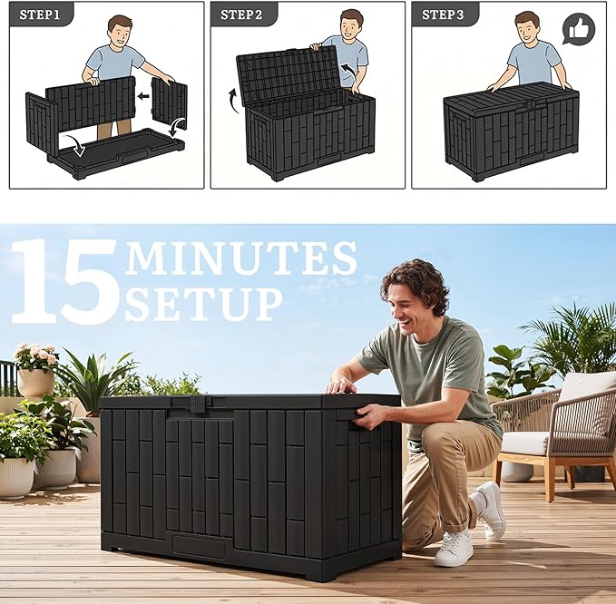 YITAHOME 60 Gallon Resin Deck Box, Weather Resistant Outdoor Rattan Storage Box with Slide-Locking Lid, Lockable Indoor Outdoor Storage for Supplies and Essentials, Black