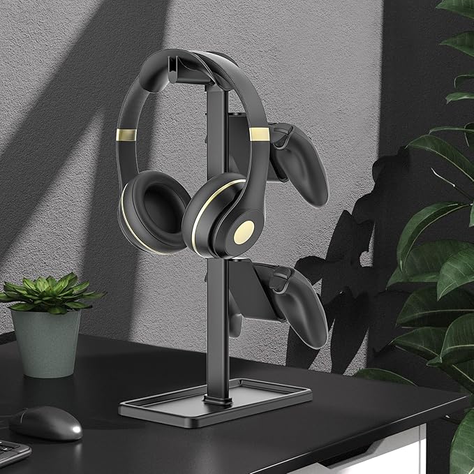 Controller Holder, Headphone Stand, Gaming Controller Stand for Xbox PS5 PS4 Switch, Headset Holder with Storage Organizer, Universal Desk Game Accessories (Black)