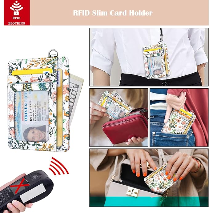 Coco Rossi Slim Front Pocket Wallet RFID ID Card Holder Cute Small Wallet with Wrist Lanyards Key Chain Holder for Women,White Flowers