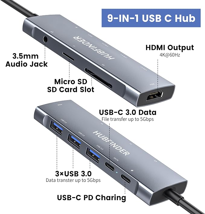 USB C Hub, HUBFINDER 9 in 1 USBC to HDMI with 4K, 100W Power Delivery, 3 USB3.0 and USB-C 5 Gbps Data Ports, SD/TF Card Reader, 3.5mm Headphone Jack, for MacBook Air, MacBook Pro,iPad Pro