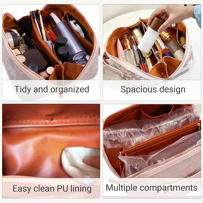 Travel Makeup Bag with Compartments & Organizers – Flat Open Cosmetic Pouch for Women, Purse-Style Design for Traveling, Perfect for Toiletries & Cosmetics (Pink)