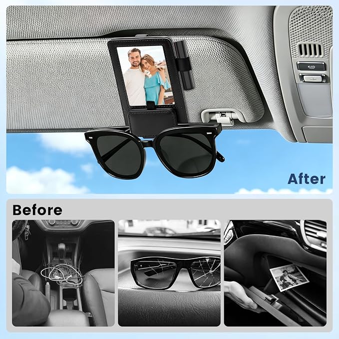 3 in 1 Sunglass & Photo Holder for Car, Car Visor Sunglasses Holder Clip, Sunglass Holder with Strong Magnetism