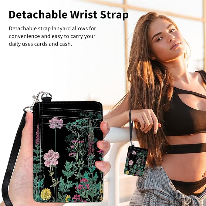 Slim Minimalist Front Pocket Wallet,Credit Card Holder Wallet for Women Men,RFID Blocking Credit Card Holder Case Leather Cute Small Thin Wallet ID Window&Wrist Strap,Floral Palnt