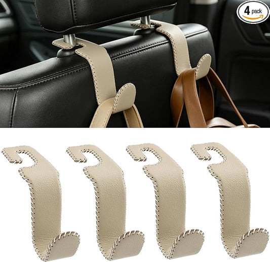 Amooca Car Seat Headrest Hook, Universal Vehicle Storage Hanger, Leather with Metal Car Seat Back Organizer for Handbag, Purse, Coat, Ergonomic Design, Beige 4 Pack