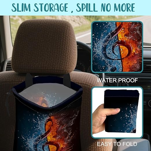 Car Trash Bag Music Note in Fire and Water Leak-Proof Waterproof Car Garbage Bag with Drawstring Foldable Canvas Trash Bin with Adjustable Buckle for Car Accessories, Travelling, Camping