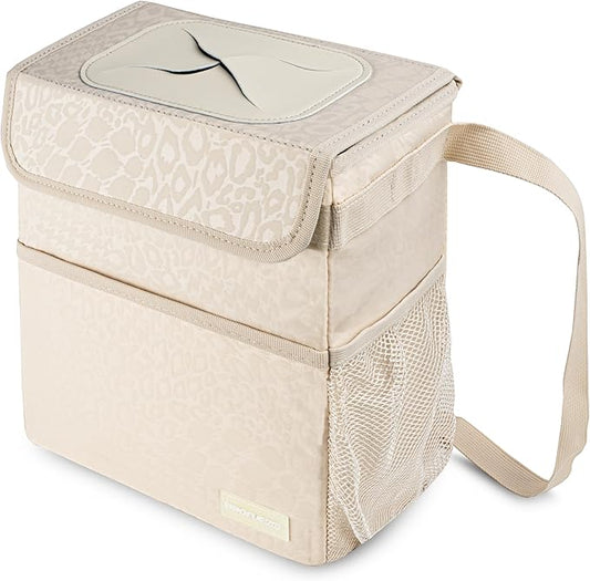 SIBOFUEGO Car Trash Can - Cute Multifunctional Interior Car Accessory for Women, Organizer and Storage with Adjustable Straps, 2 Gallons (Leopard Print Beige)