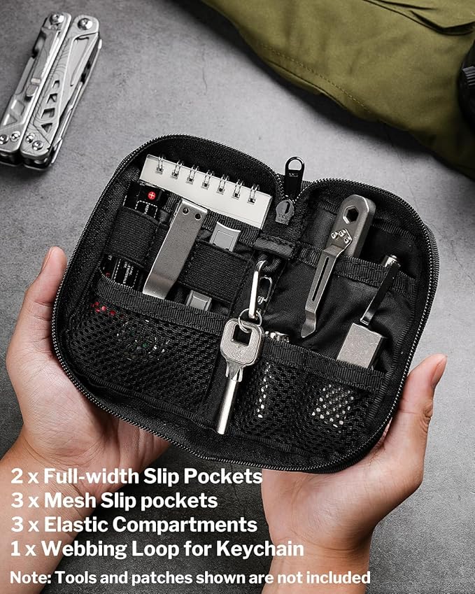 VIPERADE VE10 EDC Pouch Small Pocket Tool Pouch with 10 Compartments, Men's Pocket Organizer for Multitools, EDC Organizer with Patches Area for DIY (Black Camo)