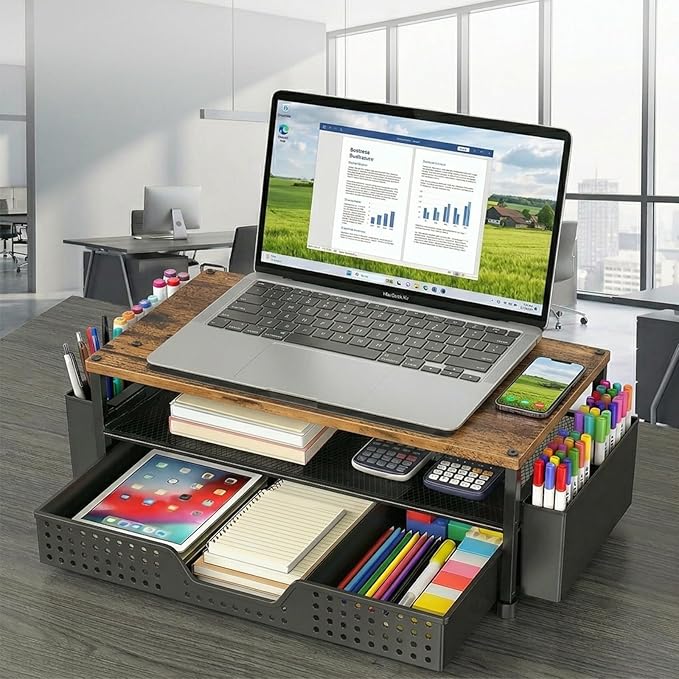 Desk Organizer and Accessories, 2-Tier Computer Monitor Stand Rise with Phone Holder, Drawer & 2 Pen Holders, Laptop & Printer Stand for Desktop, Workspace Organizers for Office Supplies (Brown Wood)