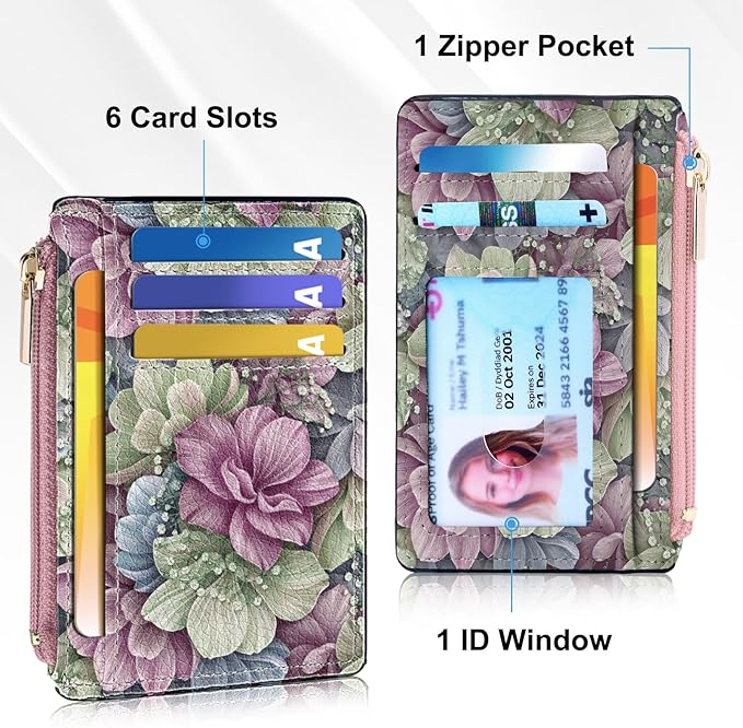 Tipmile Credit Card Holder for Women Slim Minimalist Front Pocket RFID Blocking Wallet Small Compact Card Case with ID Window, Flowers