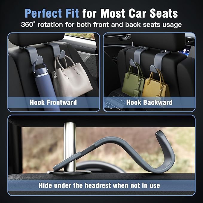 Amooca Car Seat Headrest Hook 4 Pack Hanger Universal Vehicle Car Storage Organizer for Handbag Purse Coat S Type Grey