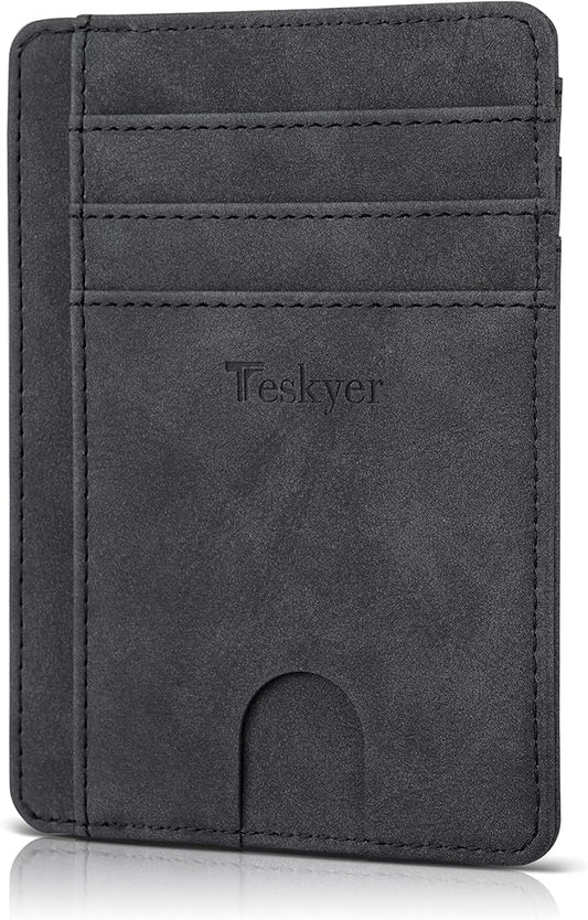 Teskyer Slim Wallet for Men, Minimalist Front Pocket RFID Blocking Leather Wallet Credit Card Holder for Men & Women
