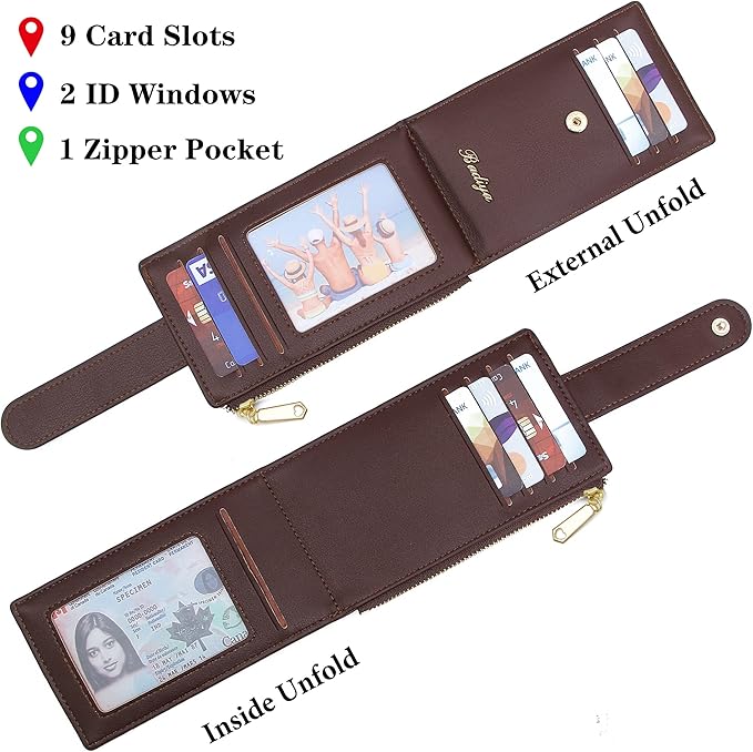 Badiya Slim Women Wallet RFID Blocking Bifold Compact 9 Card Slots Holder Wallets Soft Leather with Zipper Coin Pocket 2 ID Window