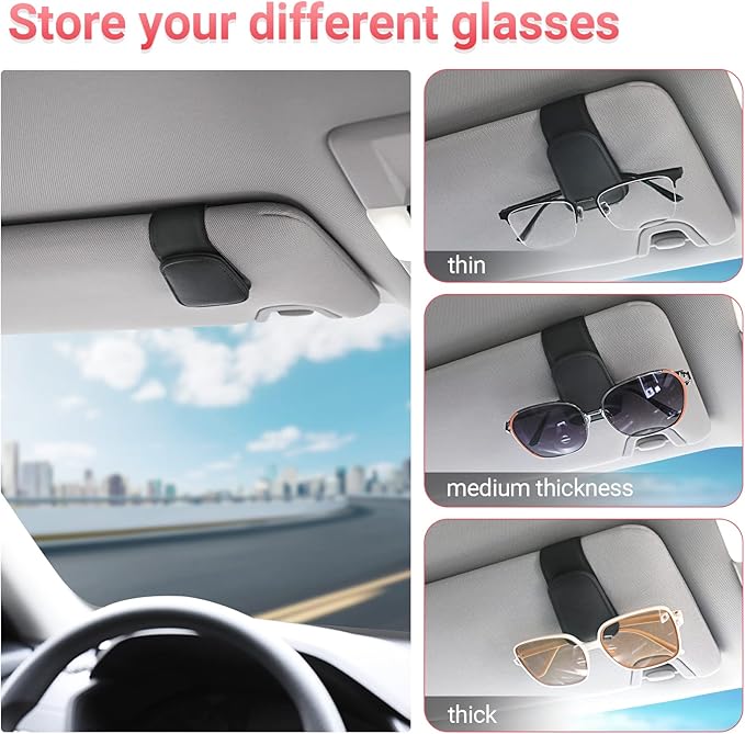 KanSmart Sunglass Holder for Car Sun Visor, Magnetic Sunglasses Clip, Leather Glasses Eyeglass Holder and Ticket Card Clip, Auto Interior Accessories Universal for Car SUV Truck Pickup -Black