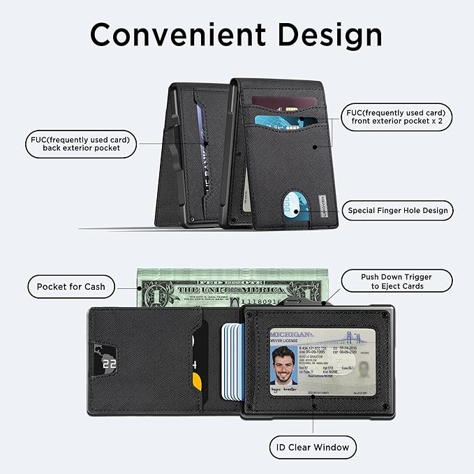 umoven Wallet for Men - Pop Up Case, Cash Slot, and Credit Card Slot - Slim Aluminum Wallet with RFID Blocking, Minimalist Leather Wallet Front Pocket with ID Window (Gravel Black)