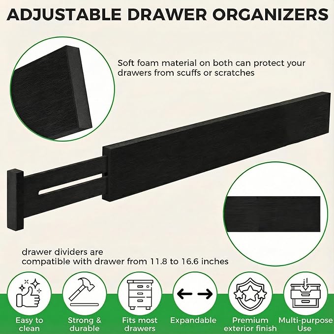 4 Pack Bamboo Drawer Dividers 2.6" High, Adjustable Length from 12 Inch to 17 Inch, Expandable Kitchen Drawer Organizer Separators for Clothes, Kitchen, Bedroom, Dresser, Office (Black)