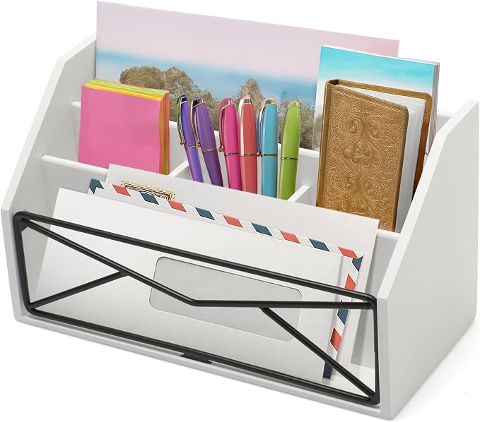 Prosumer's Choice Bamboo Desk Organizer – White Powder-Coated Natural Bamboo Mail Organizer for Countertop - Wooden Desktop Organizer for Mail, Files, Letters, and Tabletop Storage
