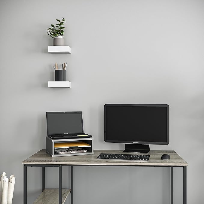 Ballucci File Organizer, 2-Tier Document Paper Sorter, Stackable Wood Desk Organizer Mail Holder, Monitor Stand with Storage Shelves, Gray