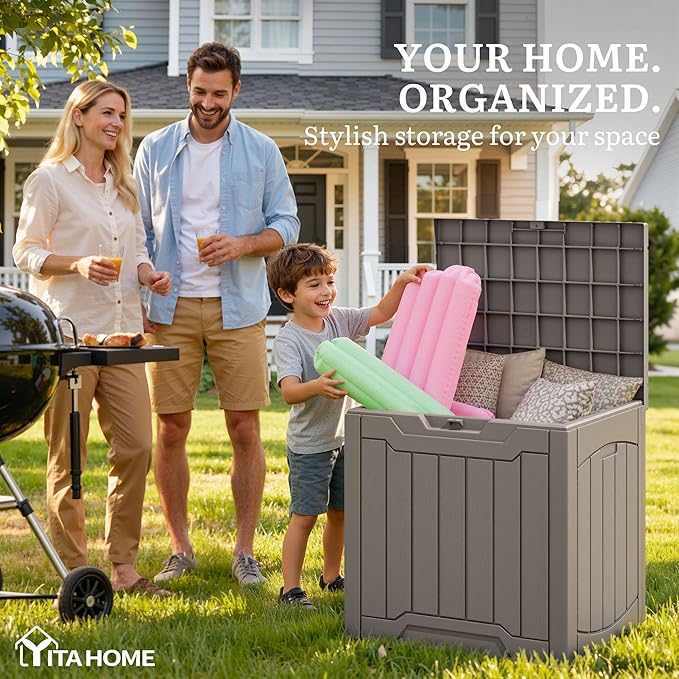 YITAHOME 31 Gallon Outdoor Storage Box, Resin Deck Box and Waterproof Package Delivery Box for Gardening Tools, Pool Supplies, Patio Furniture, Lockable, Taupe