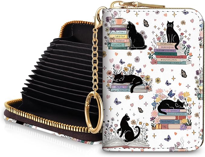 Blusabaca Black Cat Bookish Book Lover Women Credit Card Holder, Cute Small RFID Blocking Zipper Wallet, Keychain PU Leather Card Case, Aesthetic Wallet Female Girls Gift