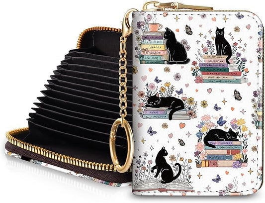 Blusabaca Black Cat Bookish Book Lover Women Credit Card Holder, Cute Small RFID Blocking Zipper Wallet, Keychain PU Leather Card Case, Aesthetic Wallet Female Girls Gift