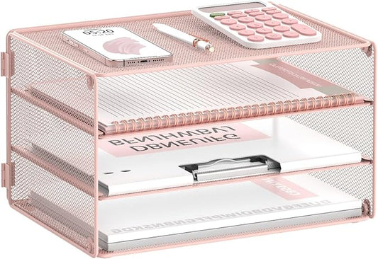 DALTACK 3 Tier Letter Tray Paper Organizer for Desk, Mesh Metal Desk File Organizer with Sliding Trays for Letter/A4 Paper, Mail, Bills & Folders, Pink