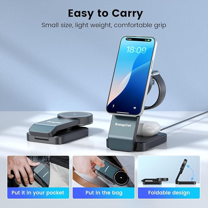 EnergyCell 3-in-1 Wireless Charging Station for Apple Devices, 15W Wireless Charger for iPhone 17/16/15/14/13/12, Apple Watch, AirPods, Magnetic Foldable Fast Charger Apple Charging Station