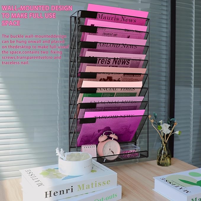 8 Pockets Mesh Wall File Holder Organizer with Bottom Flat Tray, Office Hanging File Folder Magazine Rack, Nametag Label Hooks Set Included, Black