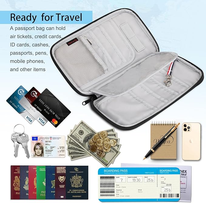 FINTIE Family Passport Holder for Travel, 6 People Big Capacity RFID Blocking Travel Document Organizer Clutch Bag with Pen Holder Keychain Credit Cards Case Cover for Women Men, Black