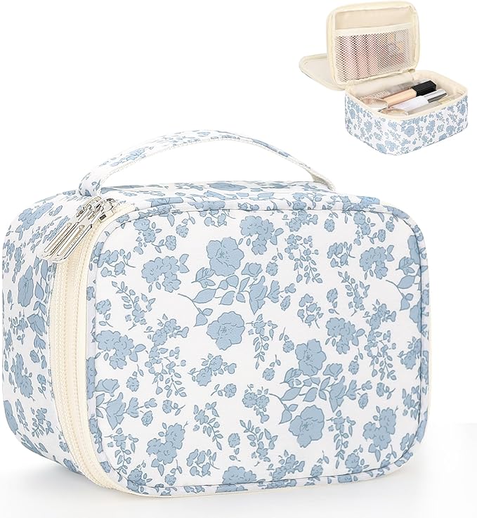 Relavel Travel Makeup Bag, Mini Floral Cosmetic Bag with 2 Makeup Brush Holders, Portable Makeup Pouch for Women, Cute Toiletry Bag with Double Layer Organizer, Blue Flower-Smaller
