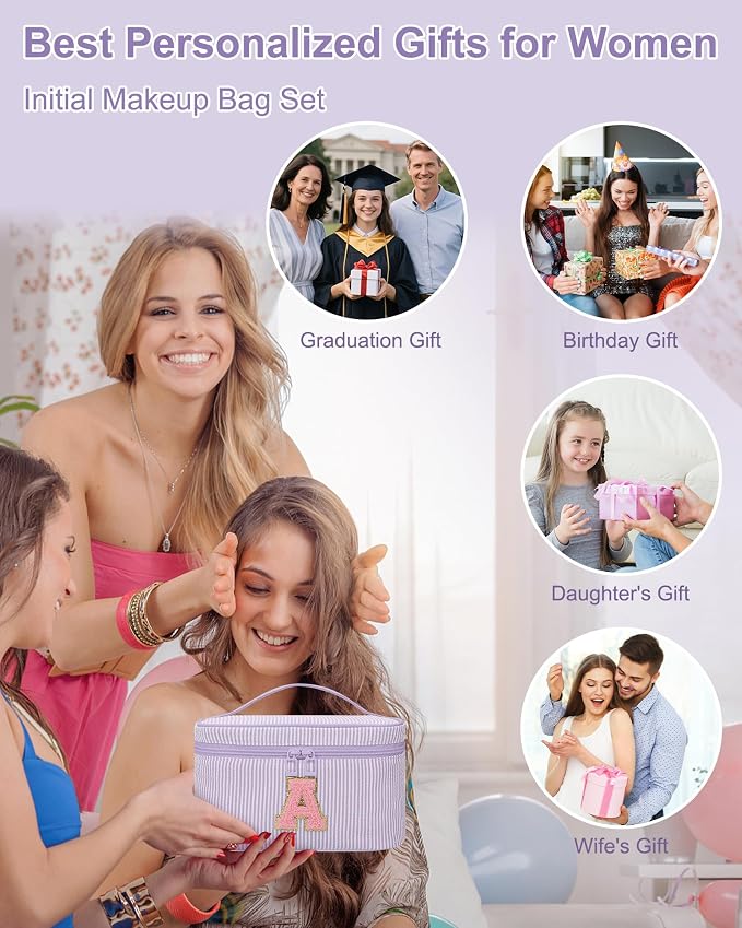 MONSTINA Mom Gifts for Mom, Personalized Initial Makeup Bag Cosmetic Bags for Women Cute|Makeup Pouch Birthday Gifts for Mother,Birthday Gift for Her Cute Toiletry Bag,2PCS Purple M