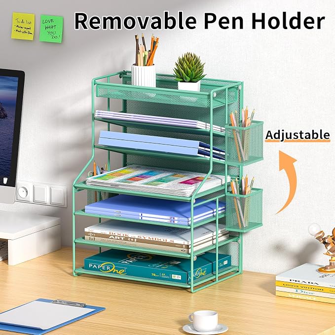White 7 Tier Desk File Organizer, Metal Letter Tray Paper Organizer with Pull-Out Drawer, Removable Pen Holder & Hanging Basket, Vertical Desktop File Holder for Home Office, Classroom