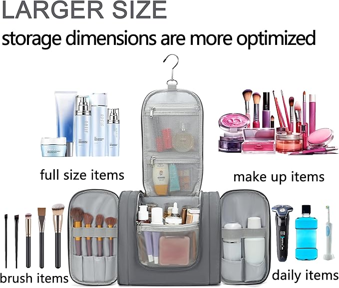 Hanging Travel Toiletry Bag for Men and Women with Metal Swivel Hook, Large Travel Makeup Organizer for Full Sized Cosmetics and Toiletries, Water-Resistant Bathroom Toiletry Bags, Grey
