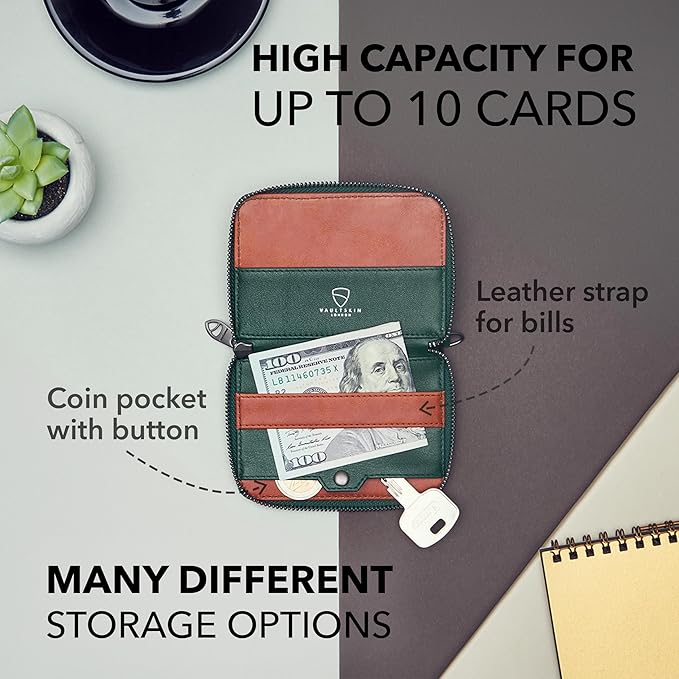 Vaultskin NOTTING HILL Minimalist Leather Zipper Wallet for Women and Men: Slim Multi Cardholder with RFID Blocking and Keychain Ring