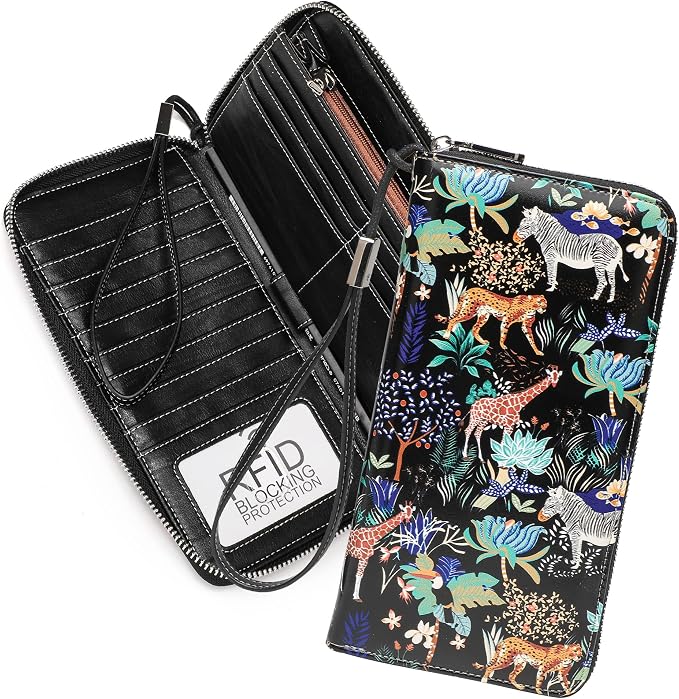 Rfid Blocking Wristlet Large Wallet for Women Credit Card Holder Bifold Designer Zipper Phone Long Wallet Purse Animal Park