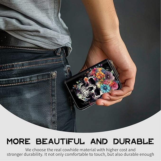 Cute Credit Card Holder with Zipper, Sugar Skull Flowers RFID-Blocking Card Case Small Wallet for Women Men, Multi-slot Card Organizer Case Travel Accordion Wallet