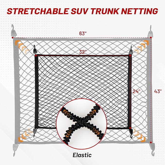 RED WOLF Elastic Cargo Net for SUV Rear Trunk Bed Netting Cover Net Stretchable Mesh Organizer 32" x 24" Stretch to 63"x43" with Fixing Hooks D-Rings Luggage Cover