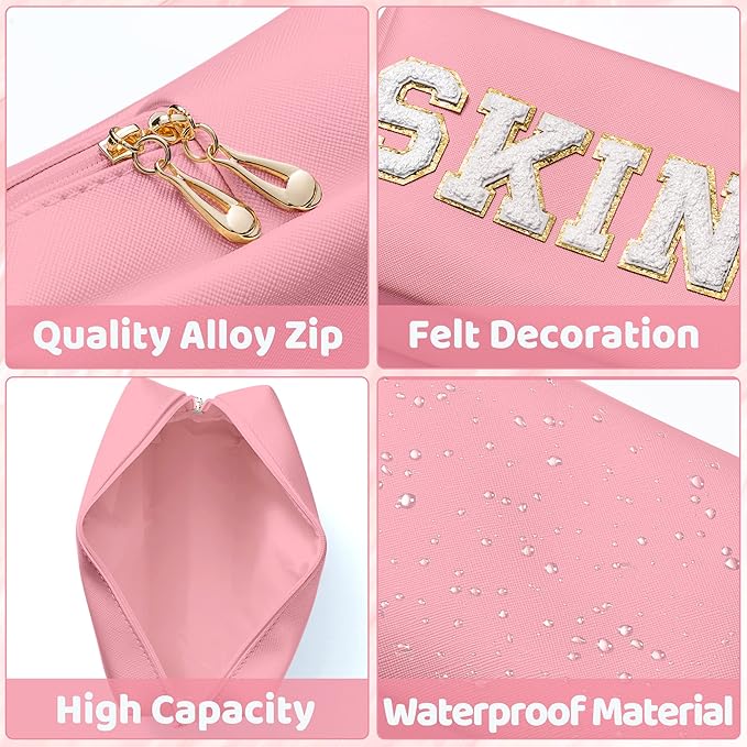 Y1tvei Preppy Patch SKIN White Letter Pink Cosmetic Toiletry Bag PU Leather Portable Makeup Bag Daily Use Storage Pouch Toiletry Purse Waterproof Organizer for Travel Varsity Women Girls Teens(Pink)