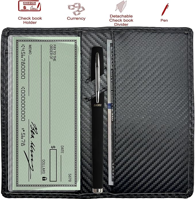 Sanlykate Leather Checkbook Cover for Men and Women, RFID Blocking Check Book Case Card Holder with Free Divider, Standard Register Duplicate Checks with pen inserts, Black Carbon Fiber