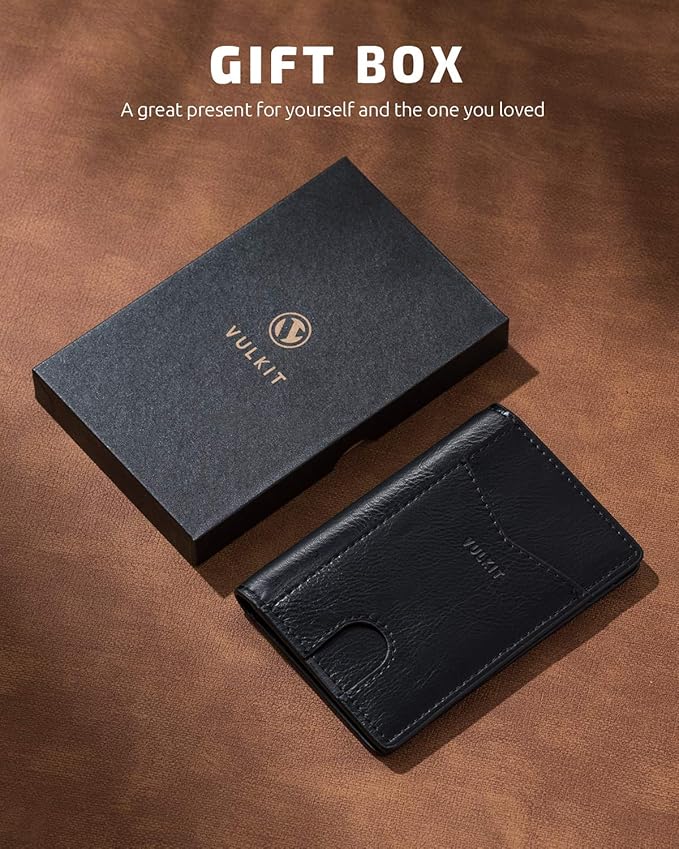VULKIT Bifold Front Pocket Slim Wallet RFID Blocking Minimalist Thin Leather Credit Card Holder Wallet for Men and Women Black