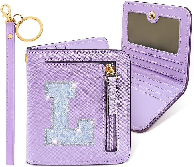 COSHAYSOO Small Wallet RFID Mini Bifold Travel Purse with Initial Letter Slim Thin Compact Pocket Minimalist Wallet Birthday Easter Gifts for Girls Friend Women Purple L