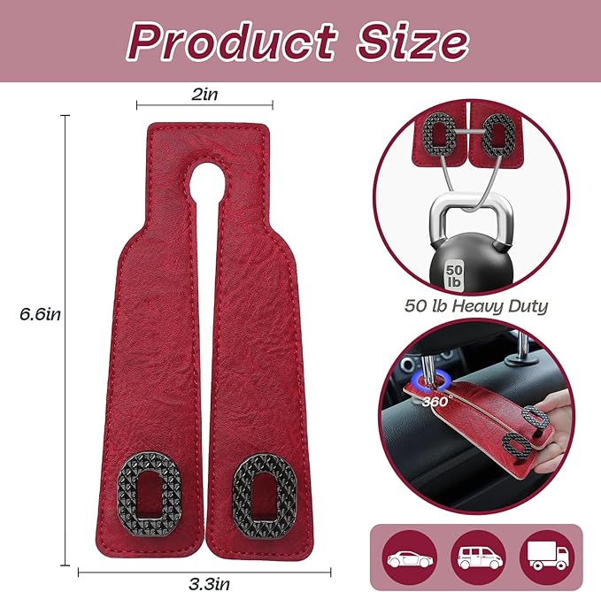 Car Headrest Hooks Universal Car Purse Hook Premium Leather and Alloy Twin Hook Car Seat Back Storage Hanger Hook for Purse Bags Cloth Drink Durable Holder Car Accessories (BH09-Red-Black)