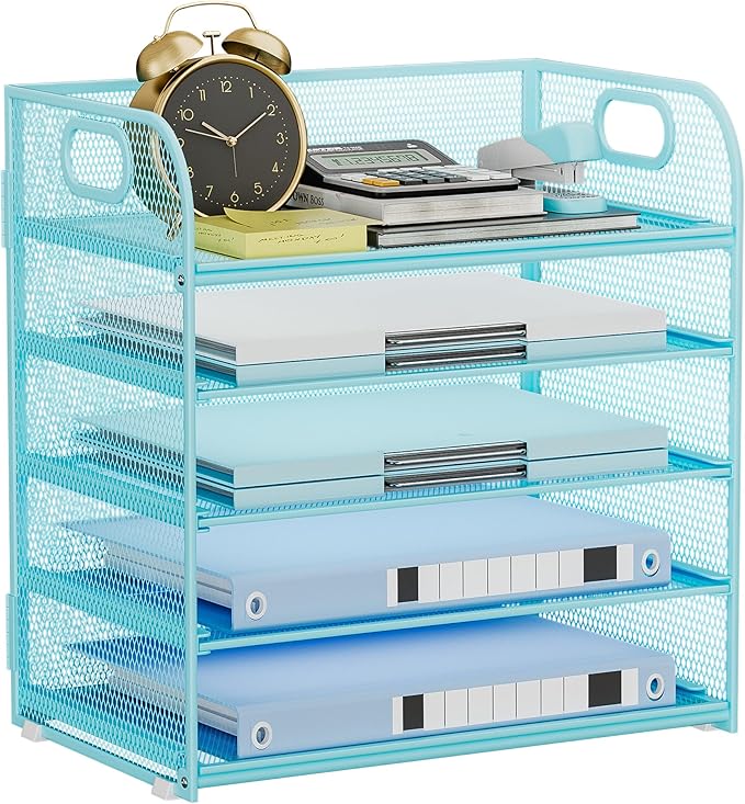 Paper Organizer Letter Tray with Handle Mesh 5-Tier Stackable Desk Organizer for Files/Paper/Office Supplies, Sturdy Carbon Steel Desk Organizer for Home Office & Classroom