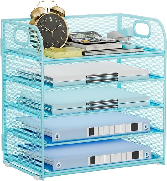 Paper Organizer Letter Tray with Handle Mesh 5-Tier Stackable Desk Organizer for Files/Paper/Office Supplies, Sturdy Carbon Steel Desk Organizer for Home Office & Classroom